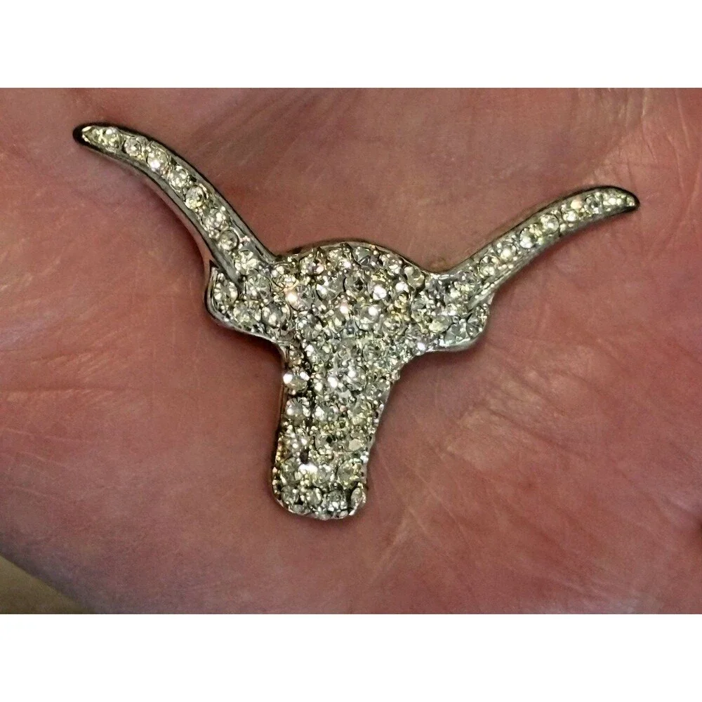 Rhinestone Longhorn Steer Head Brooch Pin Silver Tone Western Cowboy Texas Y2K